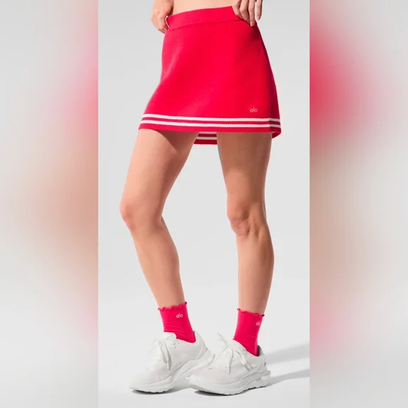 Alo Size Large Sweater Skirt In Candy Red With White Stripes Lined With Shorts - Picture 1 of 14
